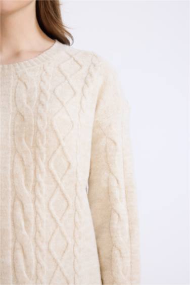 فستان ميدي تريكو كم طويل قصة عادية برقبة مستديرة