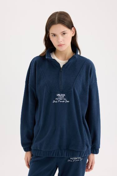Oversize Geniş Kalıp Fermuarlı Dik Yaka Nakışlı Polar Sweatshirt