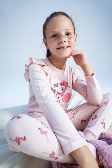 Ensemble pyjama à manches longues imprimé Flamant Rose pour fille