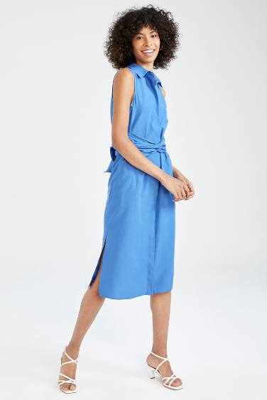 Shirt Collar Waist Detailed Poplin Midi Dress