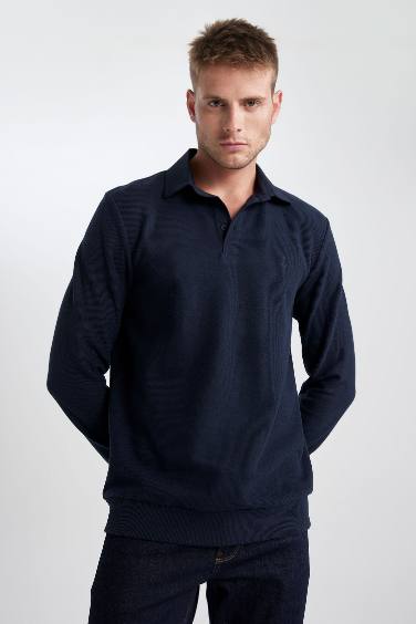 Regular Fit Polo Collar Basic Sweatshirt