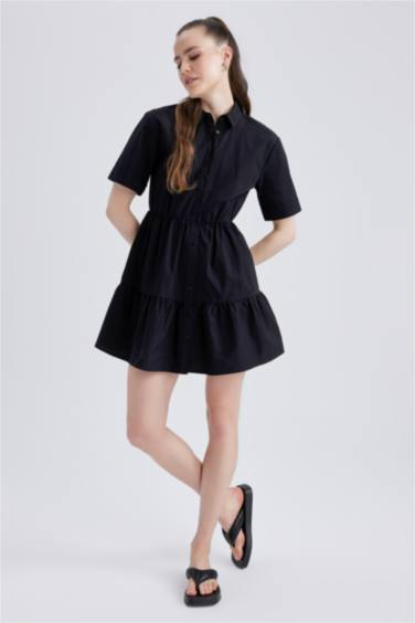 فستان قصير بوبلين برقبة قميص