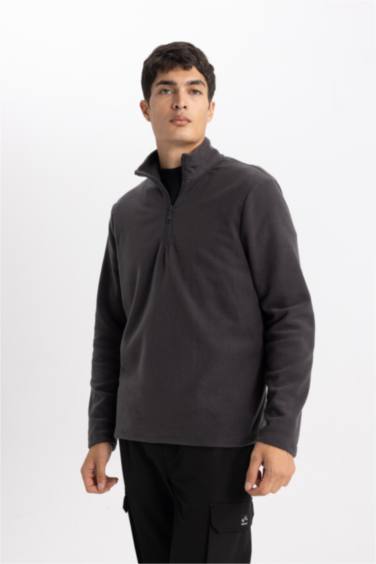 Antrasit Tüylenme Yapmayan Soğuk Geçirmez Regular Fit Dik Yaka Fermuarlı Polar Sweatshirt