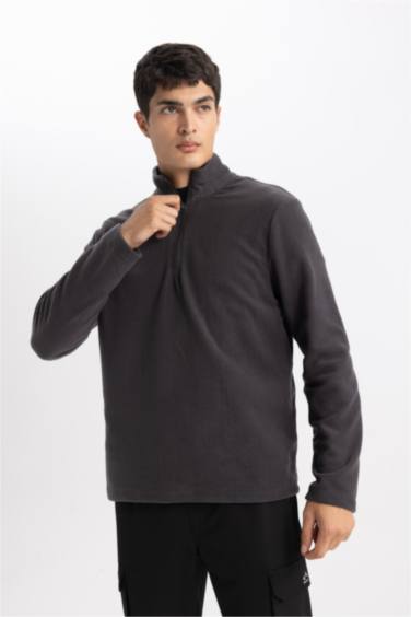 Antrasit Tüylenme Yapmayan Soğuk Geçirmez Regular Fit Dik Yaka Fermuarlı Polar Sweatshirt