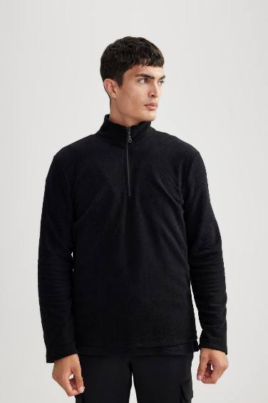 Siyah Tüylenme Yapmayan Soğuk Geçirmez Regular Fit Dik Yaka Fermuarlı Polar Sweatshirt