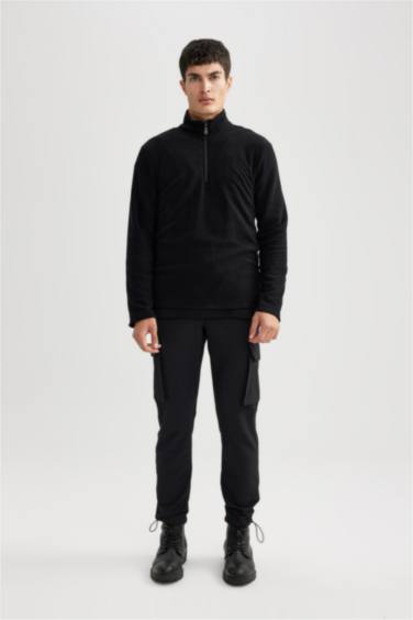 Siyah Tüylenme Yapmayan Soğuk Geçirmez Regular Fit Dik Yaka Fermuarlı Polar Sweatshirt