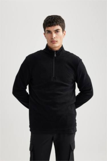 Siyah Tüylenme Yapmayan Soğuk Geçirmez Regular Fit Dik Yaka Fermuarlı Polar Sweatshirt