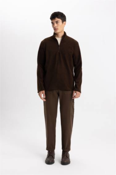 Kahverengi Tüylenme Yapmayan Soğuk Geçirmez Regular Fit Dik Yaka Fermuarlı Polar Sweatshirt