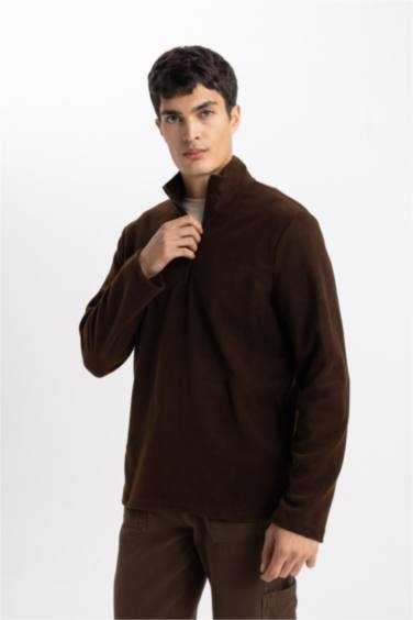 Kahverengi Tüylenme Yapmayan Soğuk Geçirmez Regular Fit Dik Yaka Fermuarlı Polar Sweatshirt