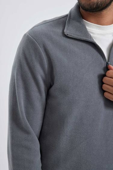 Gri Tüylenme Yapmayan Soğuk Geçirmez Regular Fit Dik Yaka Fermuarlı Polar Sweatshirt