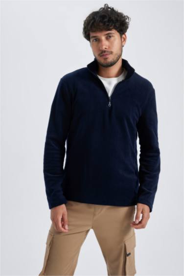 Lacivert Tüylenme Yapmayan Soğuk Geçirmez Regular Fit Dik Yaka Fermuarlı Polar Sweatshirt