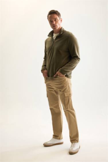 Haki Tüylenme Yapmayan Soğuk Geçirmez Regular Fit Dik Yaka Fermuarlı Polar Sweatshirt