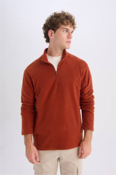 Turuncu Tüylenme Yapmayan Soğuk Geçirmez Regular Fit Dik Yaka Fermuarlı Polar Sweatshirt