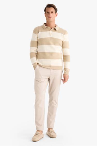 Standard Fit Striped Polo Neck Knitted Pullover