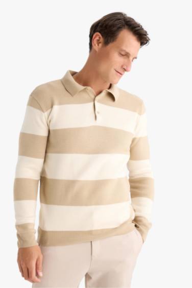 Standard Fit Striped Polo Neck Knitted Pullover