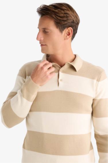 Standard Fit Striped Polo Neck Knitted Pullover
