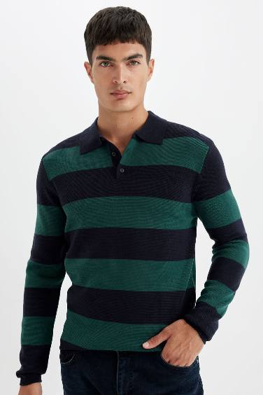 Standard Fit Polo Collar Striped Knitted Pullover