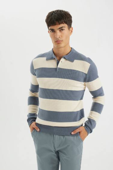 Standard Fit Striped Polo Neck Knitted Pullover