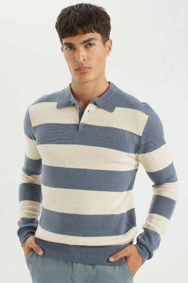 Standard Fit Striped Polo Neck Knitted Pullover