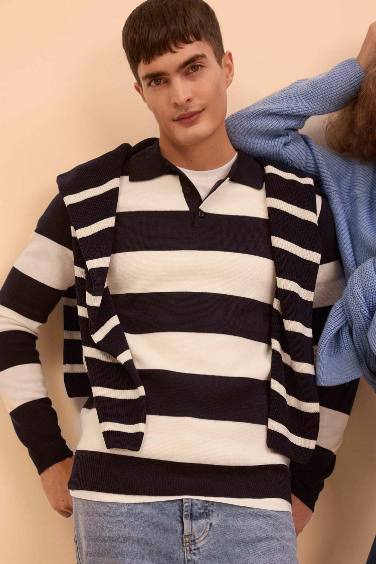 Standard Fit Polo Neck Knitted Striped Pullover