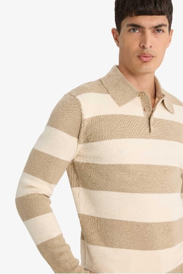 Pull en maille rayé à col polo boutonné Coupe standard