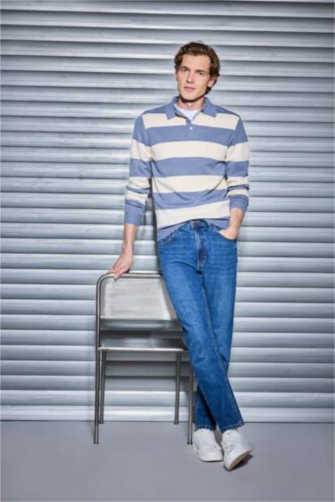 بلوفر تريكو ملون قصة عادية بياقة بولو