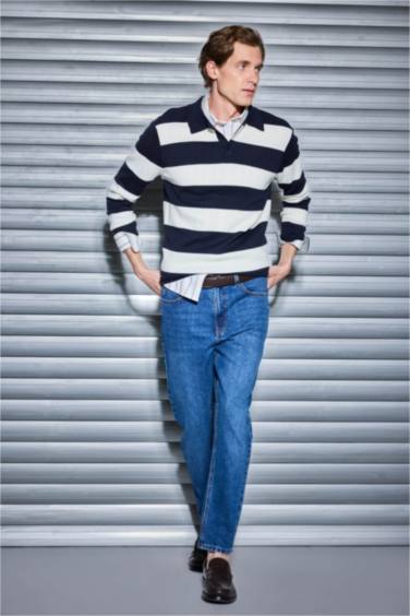 Standart Fit Polo Yaka Düğmeli Renk Bloklu Triko Kazak