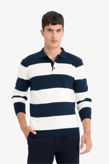 Standart Fit Polo Yaka Düğmeli Renk Bloklu Triko Kazak