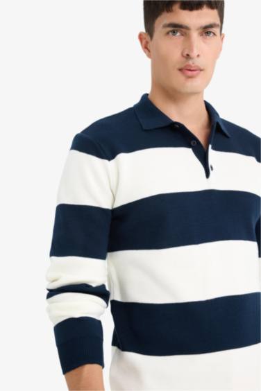 Standart Fit Polo Yaka Düğmeli Renk Bloklu Triko Kazak