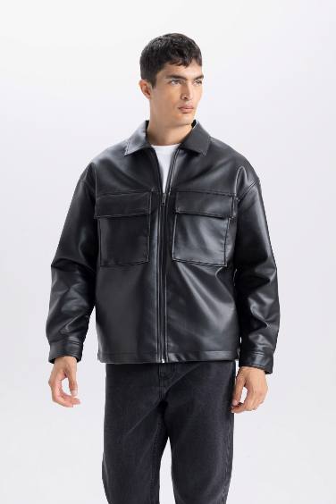 Su İtici Oversize Geniş Kalıp Gömlek Yaka Fermuarlı Cepli Mont