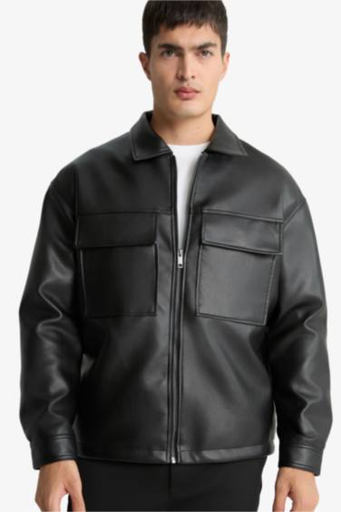 جاكيت جلد صناعي اوفر سايز بياخة قميص مقاوم للماء