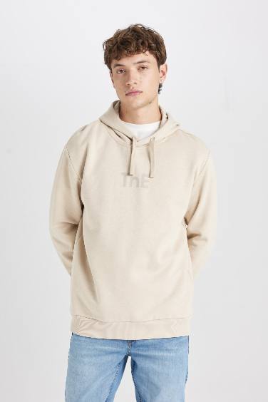 Erkek Bej Regular Fit Kapüşonlu Baskılı Sweatshirt