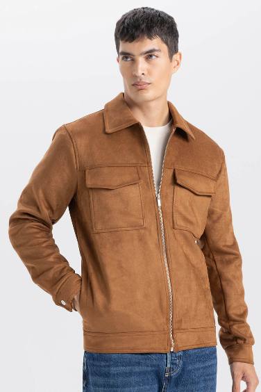 Slim Fit Zipper Closure Suede Jacket