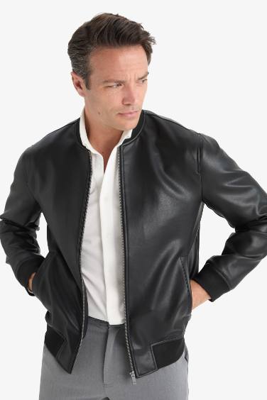 Slim Fit College Collar Lined Zippered Faux Leather Bomber Jacket