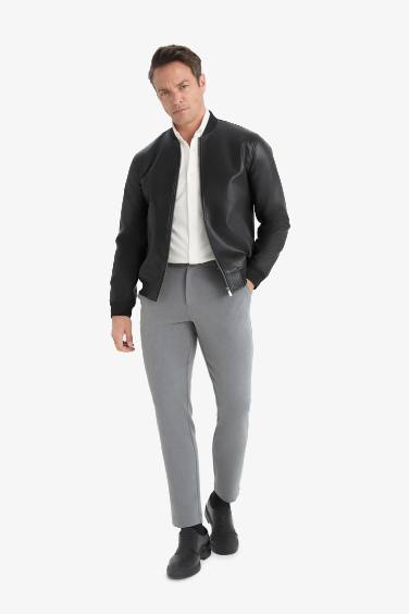 Slim Fit College Collar Lined Zippered Faux Leather Bomber Jacket