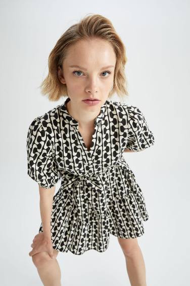 Mini Robe en Popeline à motif et à Col en V pour femme