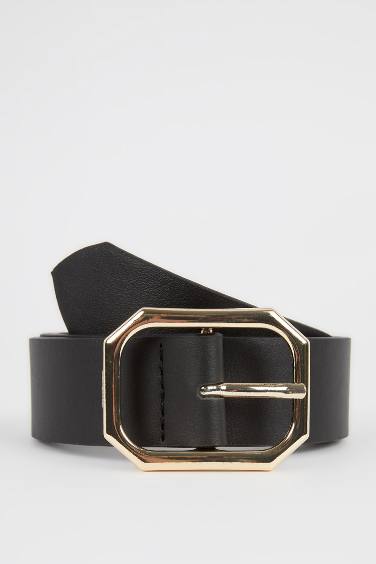 Woman Rectangle Clasp Faux Leather Jean Belt