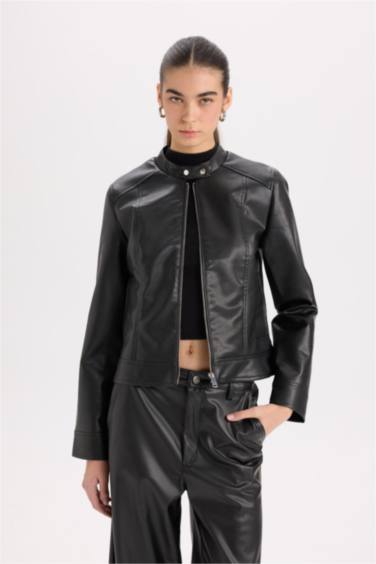 Su İtici Fermuarlı Suni Deri Biker Ceket