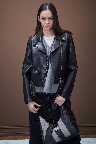 Faux Leather Double Breasted Belted Waterproof Crop Biker Jacket