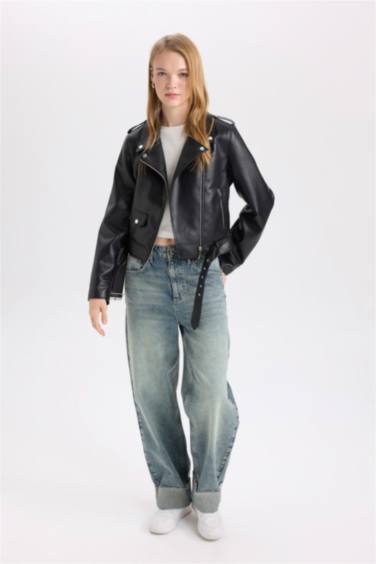 Su Geçirmez Crop Biker Ceket Suni Deri Kruvaze Yaka Fermuarlı Cepli Kemerli Mevsimlik