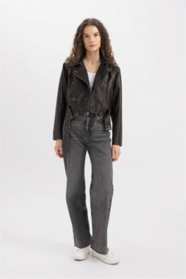 Su Geçirmez Oversize Geniş Kalıp Fermuarlı Eskitme Kemerli Suni Deri Kısa Ceket