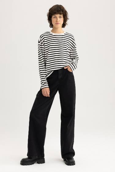 تي شيرت مخطط قطن قصة عادية بكم طويل