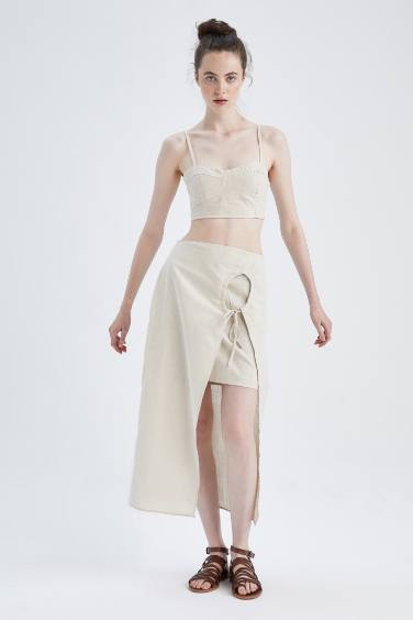 A Cut Linen Look Midi Skirt