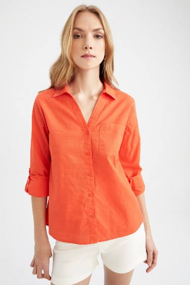 Regular Fit V Neck Linen Long Sleeve Shirt