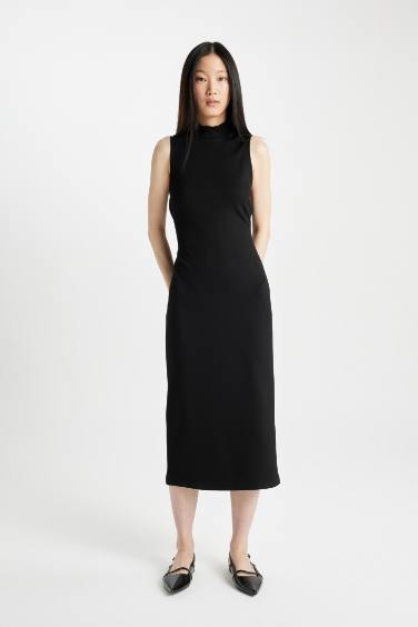 Bodycon Half Turtleneck Black Sleeveless Midi Dress