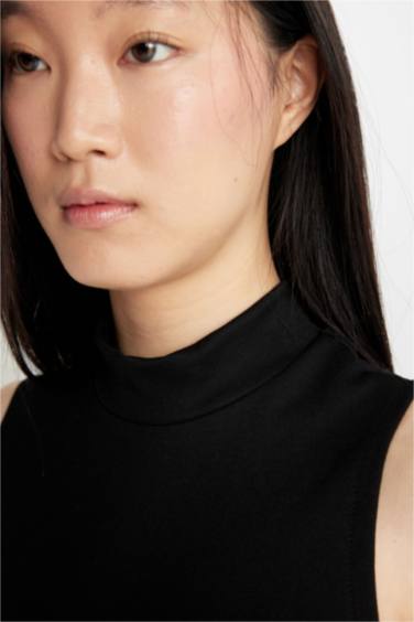 Bodycon Half Turtleneck Black Sleeveless Midi Dress