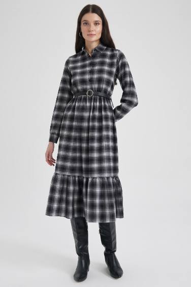 Shirt Collar Plaid Flanel Midi Dress