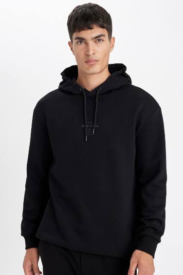 Siyah Relax Fit Kapüşonlu Baskılı Sweatshirt