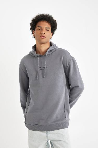 Gri Relax Fit Kapüşonlu Baskılı Sweatshirt