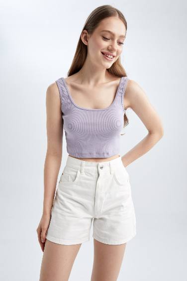 Coool Fitted Basic Square Collar Rib Crop Singlet